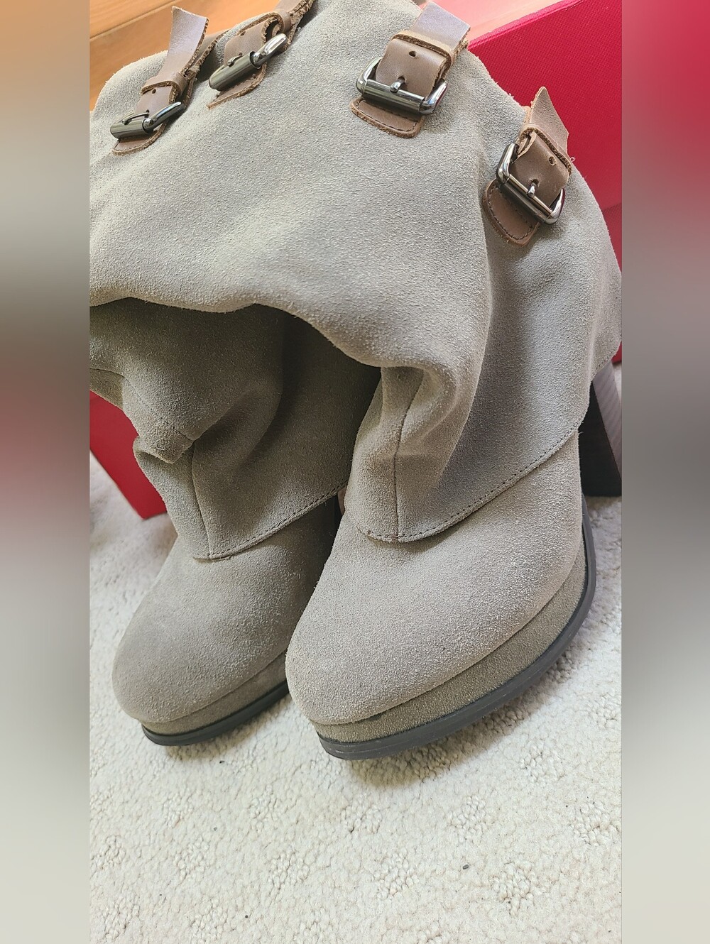 Genuine Suede/Leather Army Green Buckle Boots 7.5 - Picture 2 of 8
